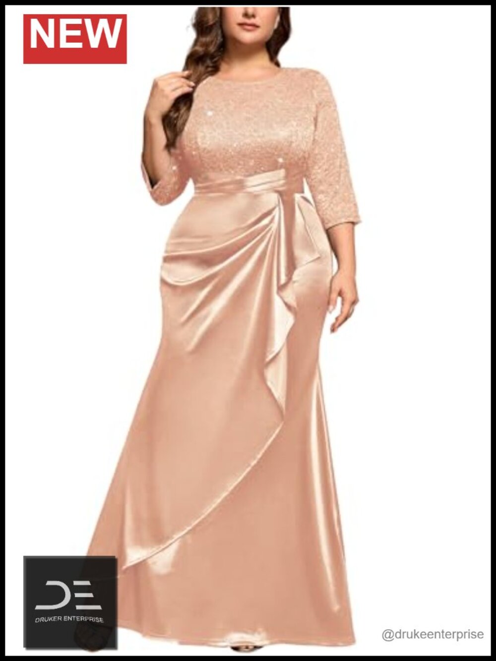 Plus Size Satin Mermaid Evening Gown Sequin Lace Long Sleeve Formal Dress